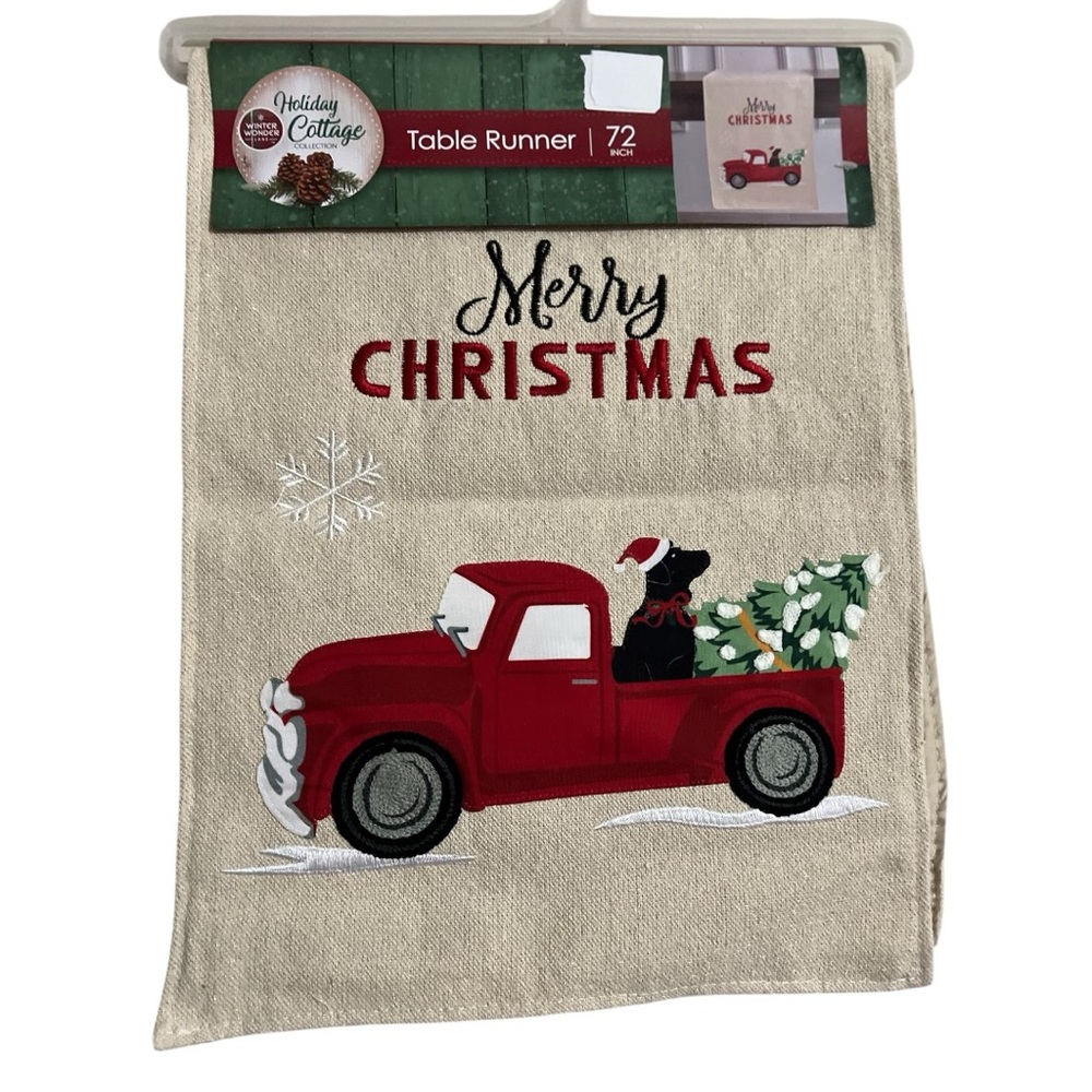 Holiday Cottage 72 Inch Table Runner Red Truck Black Lab Dog Merry Christmas